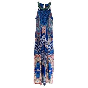Rana Gill Anthropologie Jewel Embellished Maxi Dress Blue Multi 2 Boho Colorful